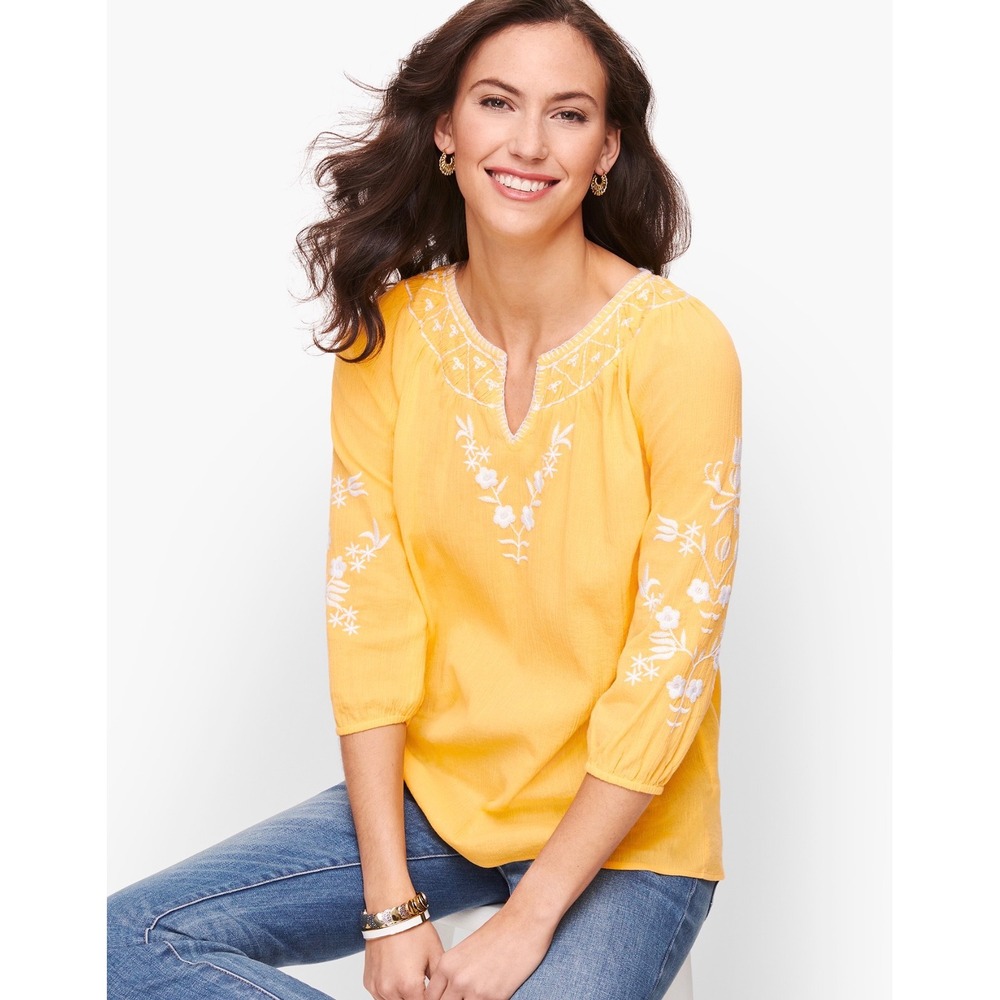 Talbots Petite Embroidered Boho Blouse Yellow‎ Cotton 3/4 Sleeve MP